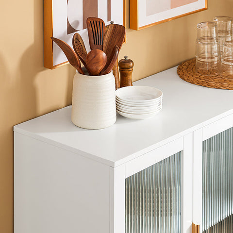 Rootz Kitchen Cabinet with Glass Doors - Kitchen Island - Sideboard - Dresser - Stylish Storage - Sturdy Metal Feet - Easy Assembly - White with Golden Handles - 108cm x 85cm x 40cm