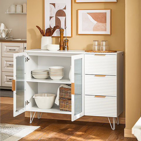 Rootz Kitchen Cabinet with Glass Doors - Kitchen Island - Sideboard - Dresser - Stylish Storage - Sturdy Metal Feet - Easy Assembly - White with Golden Handles - 108cm x 85cm x 40cm