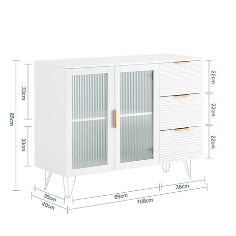 Rootz Kitchen Cabinet with Glass Doors - Kitchen Island - Sideboard - Dresser - Stylish Storage - Sturdy Metal Feet - Easy Assembly - White with Golden Handles - 108cm x 85cm x 40cm