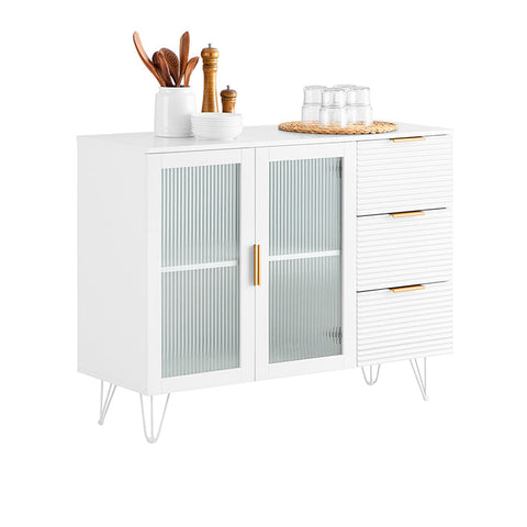 Rootz Kitchen Cabinet with Glass Doors - Kitchen Island - Sideboard - Dresser - Stylish Storage - Sturdy Metal Feet - Easy Assembly - White with Golden Handles - 108cm x 85cm x 40cm