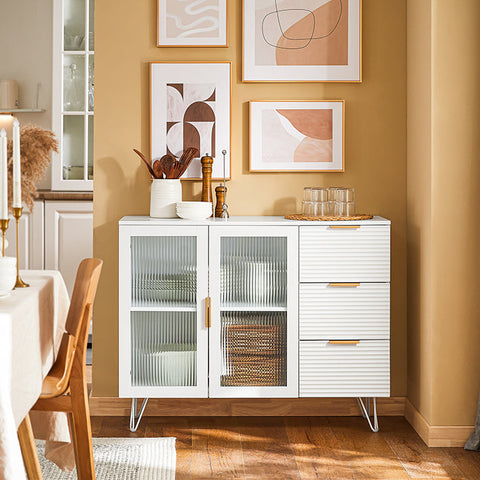 Rootz Kitchen Cabinet with Glass Doors - Kitchen Island - Sideboard - Dresser - Stylish Storage - Sturdy Metal Feet - Easy Assembly - White with Golden Handles - 108cm x 85cm x 40cm