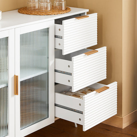 Rootz Kitchen Cabinet with Glass Doors - Kitchen Island - Sideboard - Dresser - Stylish Storage - Sturdy Metal Feet - Easy Assembly - White with Golden Handles - 108cm x 85cm x 40cm