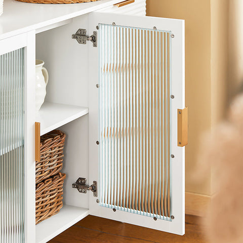 Rootz Kitchen Cabinet with Glass Doors - Kitchen Island - Sideboard - Dresser - Stylish Storage - Sturdy Metal Feet - Easy Assembly - White with Golden Handles - 108cm x 85cm x 40cm