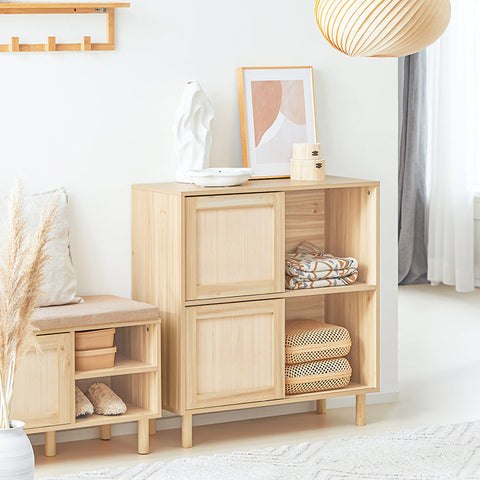 Rootz Shoe Cabinet with Sliding Doors - Storage Organizer - Shoe Rack - Bamboo and Wood - Mold and Mildew Resistant - 80cm x 87cm x 35cm