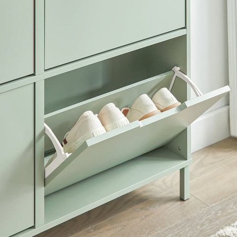 Rootz Shoe Cabinet with 4 Flaps - Shoe Tipper - Shoe Dresser - Space-Saving Design - Sturdy Build with Wall Attachment - Easy Assembly - Green MDF and Metal - 100cm x 90cm x 19cm