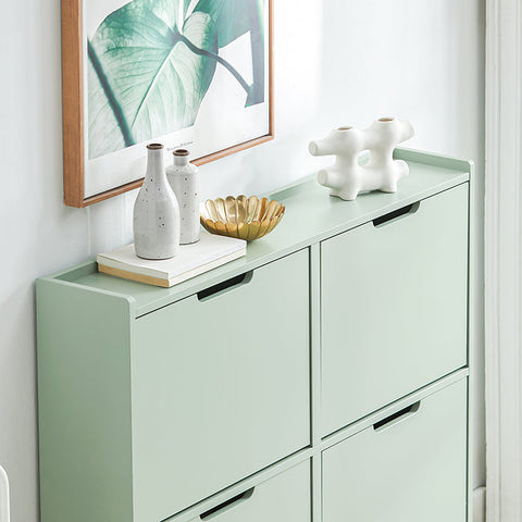 Rootz Shoe Cabinet with 4 Flaps - Shoe Tipper - Shoe Dresser - Space-Saving Design - Sturdy Build with Wall Attachment - Easy Assembly - Green MDF and Metal - 100cm x 90cm x 19cm
