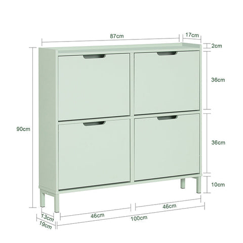 Rootz Shoe Cabinet with 4 Flaps - Shoe Tipper - Shoe Dresser - Space-Saving Design - Sturdy Build with Wall Attachment - Easy Assembly - Green MDF and Metal - 100cm x 90cm x 19cm