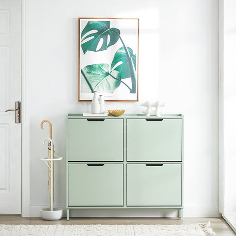 Rootz Shoe Cabinet with 4 Flaps - Shoe Tipper - Shoe Dresser - Space-Saving Design - Sturdy Build with Wall Attachment - Easy Assembly - Green MDF and Metal - 100cm x 90cm x 19cm