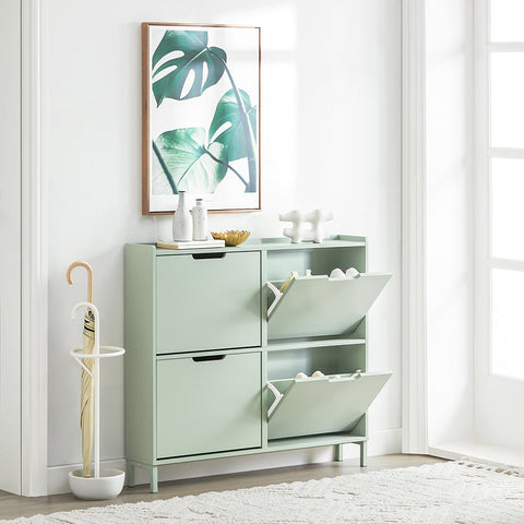 Rootz Shoe Cabinet with 4 Flaps - Shoe Tipper - Shoe Dresser - Space-Saving Design - Sturdy Build with Wall Attachment - Easy Assembly - Green MDF and Metal - 100cm x 90cm x 19cm