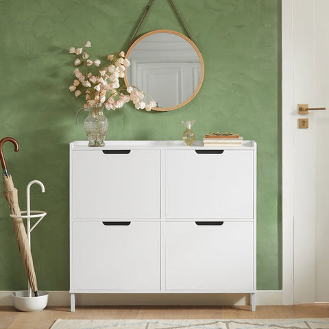 Rootz White Shoe Cabinet - Shoe Organizer - Shoe Storage - 4 Flaps Design - Sturdy Construction - Wall-Mountable - 100cm x 91cm x 19cm