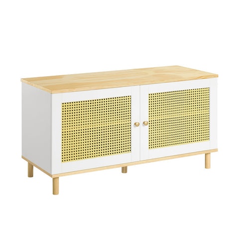 Rootz Shoe Storage Bench - Entryway Bench - Hallway Organizer - Adjustable Shelves - Easy Clean - Breathable Rattan Doors - Pine and MDF Construction - 100cm x 54cm x 40cm