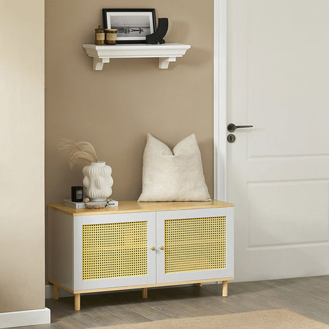 Rootz Shoe Storage Bench - Entryway Bench - Hallway Organizer - Adjustable Shelves - Easy Clean - Breathable Rattan Doors - Pine and MDF Construction - 100cm x 54cm x 40cm