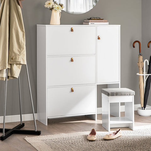 Rootz Shoe Cabinet with Stool - Shoe Tipper - Shoe Dresser - Space-Saving Design - Comfortable Seating - Versatile Storage - White MDF - 95cm x 121cm x 30cm