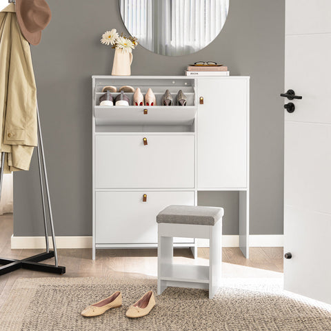 Rootz Shoe Cabinet with Stool - Shoe Tipper - Shoe Dresser - Space-Saving Design - Comfortable Seating - Versatile Storage - White MDF - 95cm x 121cm x 30cm