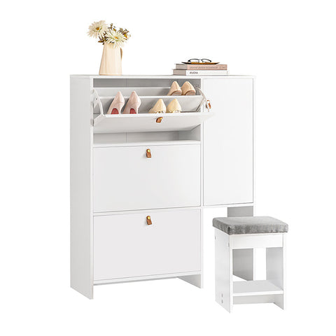 Rootz Shoe Cabinet with Stool - Shoe Tipper - Shoe Dresser - Space-Saving Design - Comfortable Seating - Versatile Storage - White MDF - 95cm x 121cm x 30cm