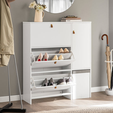 Rootz Shoe Cabinet with Stool - Shoe Tipper - Shoe Dresser - Space-Saving Design - Comfortable Seating - Versatile Storage - White MDF - 95cm x 121cm x 30cm