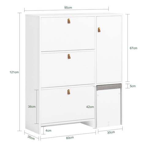 Rootz Shoe Cabinet with Stool - Shoe Tipper - Shoe Dresser - Space-Saving Design - Comfortable Seating - Versatile Storage - White MDF - 95cm x 121cm x 30cm