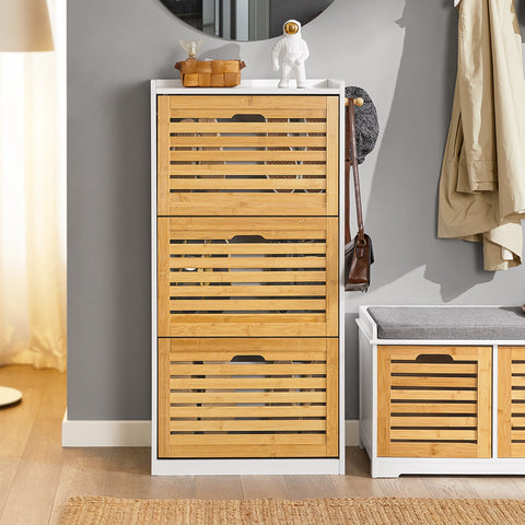 Rootz Shoe Cabinet Tipper - Shoe Organizer - Shoe Storage - 3 Flaps Design - Stylish Hooks for Accessories - Combines with Other Units - Bamboo and MDF - 55cm x 112cm x 30cm
