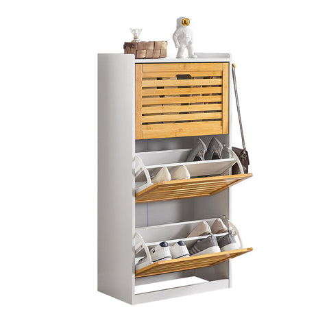 Rootz Shoe Cabinet Tipper - Shoe Organizer - Shoe Storage - 3 Flaps Design - Stylish Hooks for Accessories - Combines with Other Units - Bamboo and MDF - 55cm x 112cm x 30cm
