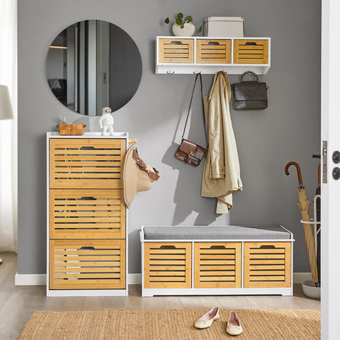 Rootz Shoe Cabinet Tipper - Shoe Organizer - Shoe Storage - 3 Flaps Design - Stylish Hooks for Accessories - Combines with Other Units - Bamboo and MDF - 55cm x 112cm x 30cm