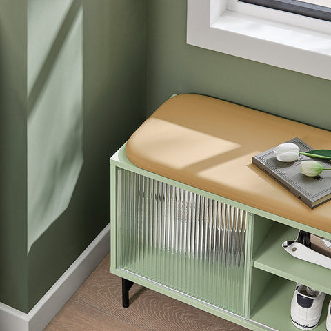 Rootz Shoe Bench with Storage - Cloakroom Bench - Hall Bench - Tempered Glass Door - Space-Saving Design - Soft PU Leather Seat - 110cm x 46cm x 34cm