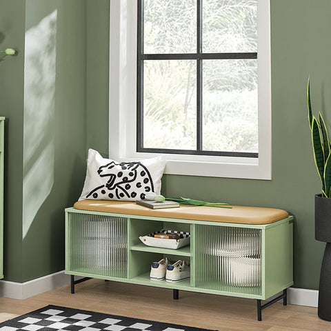 Rootz Shoe Bench with Storage - Cloakroom Bench - Hall Bench - Tempered Glass Door - Space-Saving Design - Soft PU Leather Seat - 110cm x 46cm x 34cm