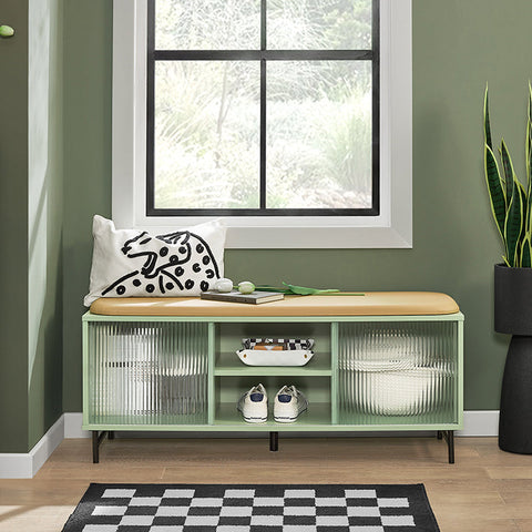 Rootz Shoe Bench with Storage - Cloakroom Bench - Hall Bench - Tempered Glass Door - Space-Saving Design - Soft PU Leather Seat - 110cm x 46cm x 34cm