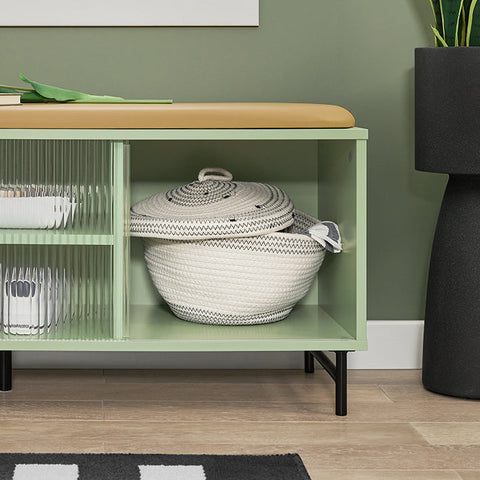 Rootz Shoe Bench with Storage - Cloakroom Bench - Hall Bench - Tempered Glass Door - Space-Saving Design - Soft PU Leather Seat - 110cm x 46cm x 34cm
