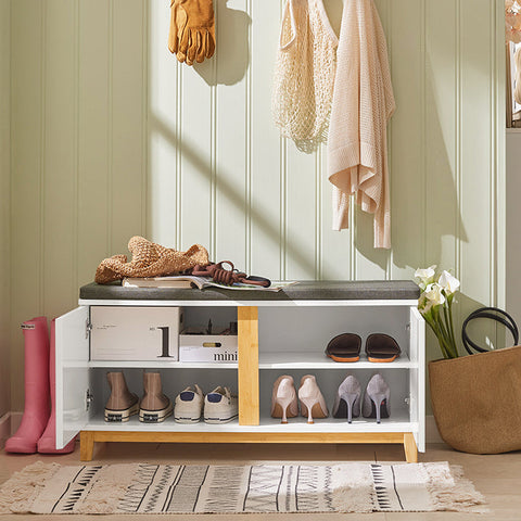 Rootz Shoe Bench with Cushioned Seat - Entryway Bench - Storage Organizer - Adjustable Shelves - Durable Bamboo Frame - 90cm x 46cm x 34cm