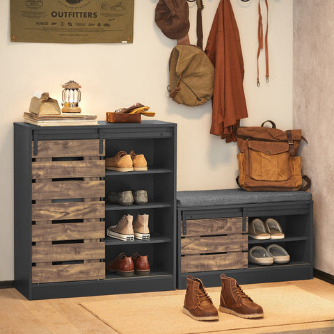 Rootz Shoe Bench with Sliding Door - Storage Bench - Shoe Rack - Versatile Use - Comfortable Cushion - Adjustable Design - 80cm x 48cm x 35cm