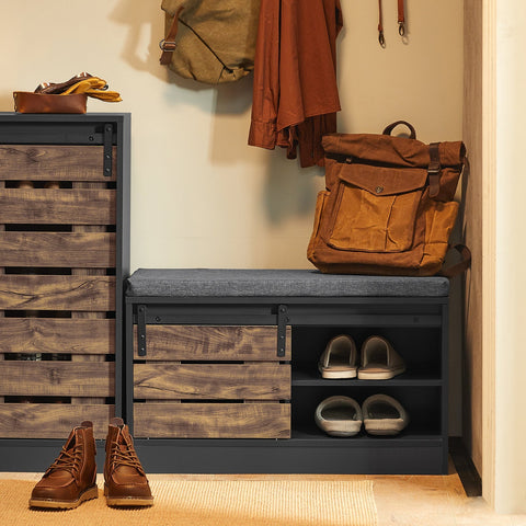 Rootz Shoe Bench with Sliding Door - Storage Bench - Shoe Rack - Versatile Use - Comfortable Cushion - Adjustable Design - 80cm x 48cm x 35cm