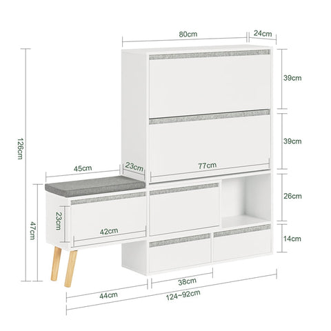 Rootz Adjustable Shoe Cabinet - Shoe Organizer - Shoe Storage Bench - Versatile, Space-Saving, Easy Assembly - White - (92-124)x115x24cm