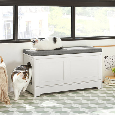Rootz Multi-Functional Shoe Bench with Cat House - Pet Shelter - Storage Organizer - Comfortable Seating - Movable with Wheels - Durable MDF and Metal - 90cm x 44cm x 36cm