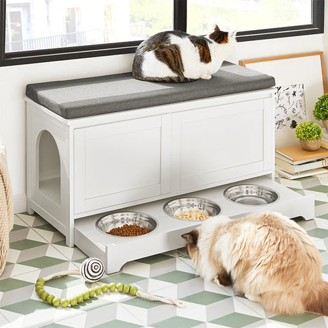Rootz Multi-Functional Shoe Bench with Cat House - Pet Shelter - Storage Organizer - Comfortable Seating - Movable with Wheels - Durable MDF and Metal - 90cm x 44cm x 36cm
