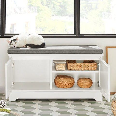 Rootz Multi-Functional Shoe Bench with Cat House - Pet Shelter - Storage Organizer - Comfortable Seating - Movable with Wheels - Durable MDF and Metal - 90cm x 44cm x 36cm