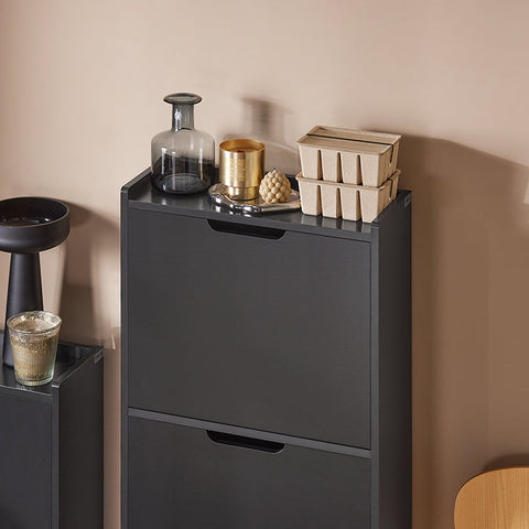 Rootz Shoe Tipper Cabinet - Shoe Organizer - Shoe Storage - Space-Saving Design - Versatile Storage - Enhanced Stability - Black MDF and Metal - 50cm x 129cm x 19cm