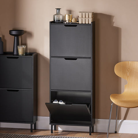Rootz Shoe Tipper Cabinet - Shoe Organizer - Shoe Storage - Space-Saving Design - Versatile Storage - Enhanced Stability - Black MDF and Metal - 50cm x 129cm x 19cm