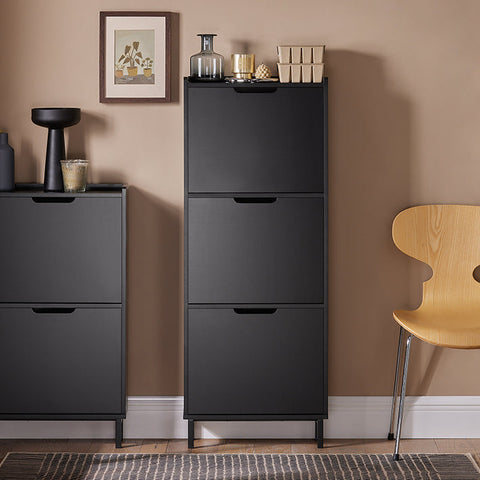 Rootz Shoe Tipper Cabinet - Shoe Organizer - Shoe Storage - Space-Saving Design - Versatile Storage - Enhanced Stability - Black MDF and Metal - 50cm x 129cm x 19cm