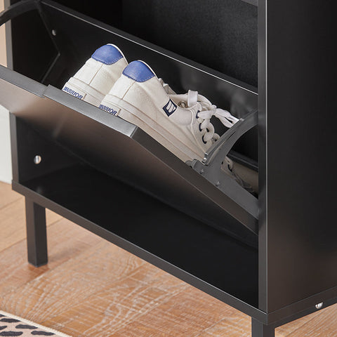 Rootz Shoe Tipper Cabinet - Shoe Organizer - Shoe Storage - Space-Saving Design - Versatile Storage - Enhanced Stability - Black MDF and Metal - 50cm x 129cm x 19cm