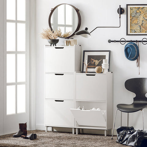 Rootz Shoe Cabinet with 2 Flaps - Shoe Tipper - Shoe Dresser - Space-Saving Design - Versatile Storage - Enhanced Stability - White - 50cm x 91cm x 19cm