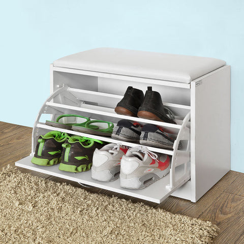 Rootz Shoe Bench with Shoe Rack - Shoe Tipper - Shoe Cabinet - Padded Seat - Space Saving - Rubber Feet for Stability - W60 x D30 x H48 cm