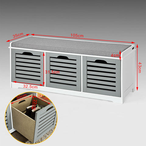 Rootz Hallway Storage Bench with Seat Cushion - Shoe Cabinet - Entryway Organizer - MDF Construction - Removable Baskets - Comfortable Seating - Versatile Use - Approx. 43cm x 105cm x 35cm