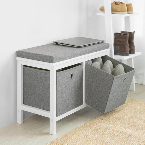 Rootz Shoe Storage Bench with Cushion - Sitting Chest of Drawers - Entryway Bench - 2 Removable Baskets - Space-Saving - Comfortable Seating - MDF and Fleece Material - 70cm x 50cm x 30cm
