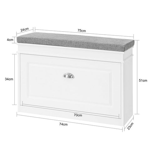 Rootz Shoe Cabinet Bench with Flap - Shoe Tipper - Shoe Storage Organizer - FSC Certified - 100% Recyclable Packaging - Comfortable Seat Cushion - 75cm x 51cm x 24cm