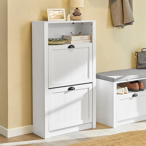 Rootz White Shoe Cabinet - Shoe Tipper - Shoe Organizer - Spacious Storage - Sturdy Build - Wall-Mount Option - 60cm x 110cm x 24cm