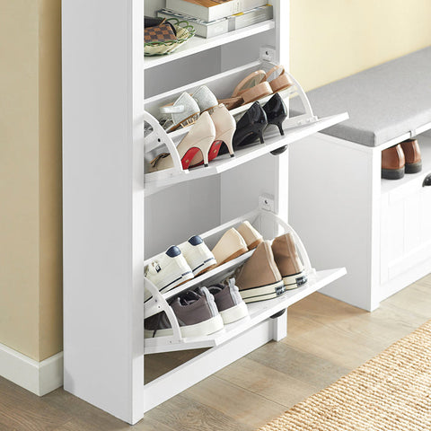 Rootz White Shoe Cabinet - Shoe Tipper - Shoe Organizer - Spacious Storage - Sturdy Build - Wall-Mount Option - 60cm x 110cm x 24cm