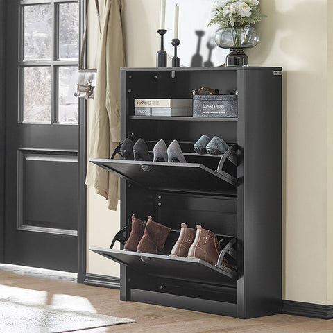 Rootz Shoe Cabinet with 2 Flaps - Shoe Tipper - Shoe Dresser - Sturdy MDF Construction - Extra Storage Compartment - Wall Attachable - 80cm x 110cm x 24cm - Black