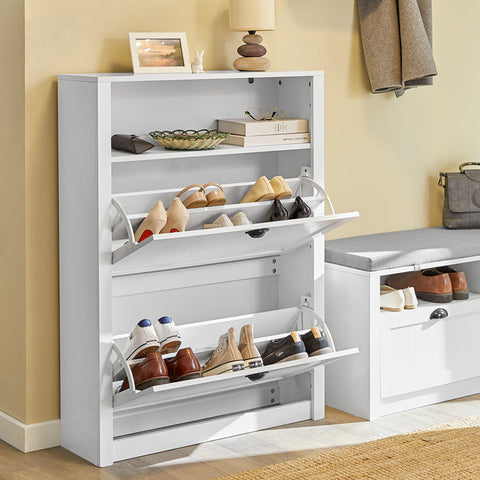 Rootz White Shoe Cabinet with 2 Flaps - Shoe Tipper - Shoe Dresser - Sturdy MDF Construction - Extra Storage Compartment - Wall Attachable - 80cm x 110cm x 24cm
