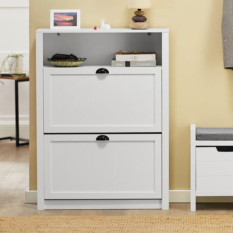 Rootz White Shoe Cabinet with 2 Flaps - Shoe Tipper - Shoe Dresser - Sturdy MDF Construction - Extra Storage Compartment - Wall Attachable - 80cm x 110cm x 24cm
