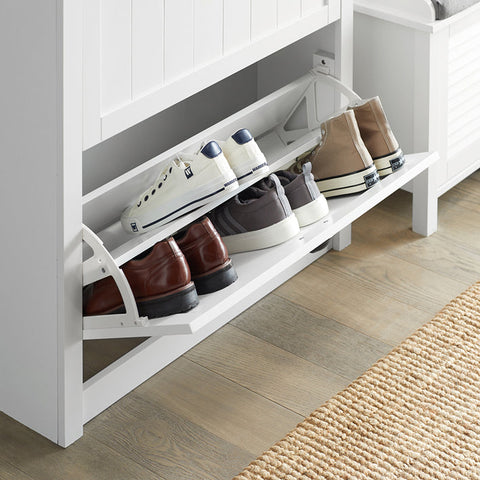 Rootz White Shoe Cabinet with 2 Flaps - Shoe Tipper - Shoe Dresser - Sturdy MDF Construction - Extra Storage Compartment - Wall Attachable - 80cm x 110cm x 24cm